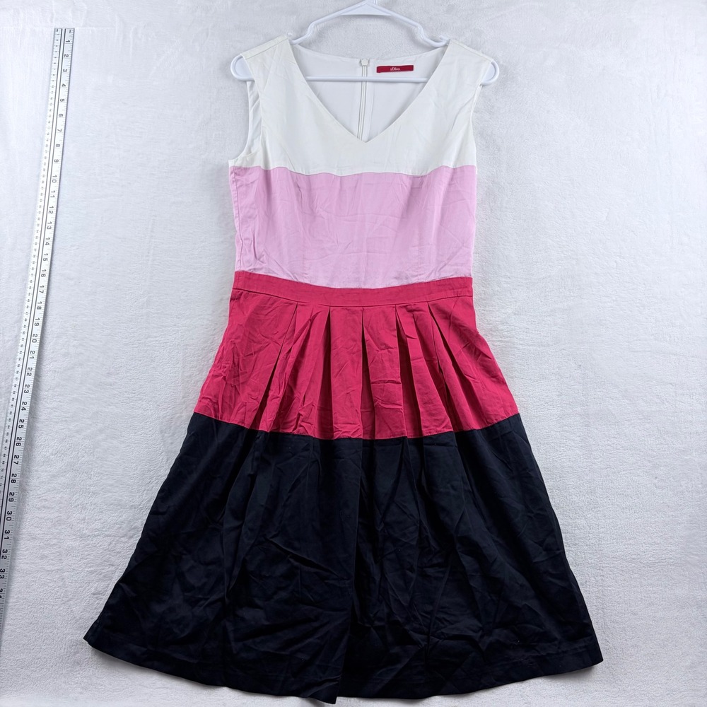 s.Oliver‎ Colorblock Sleeveless Dress V-Neck Pleated Skirt Pink Black White
